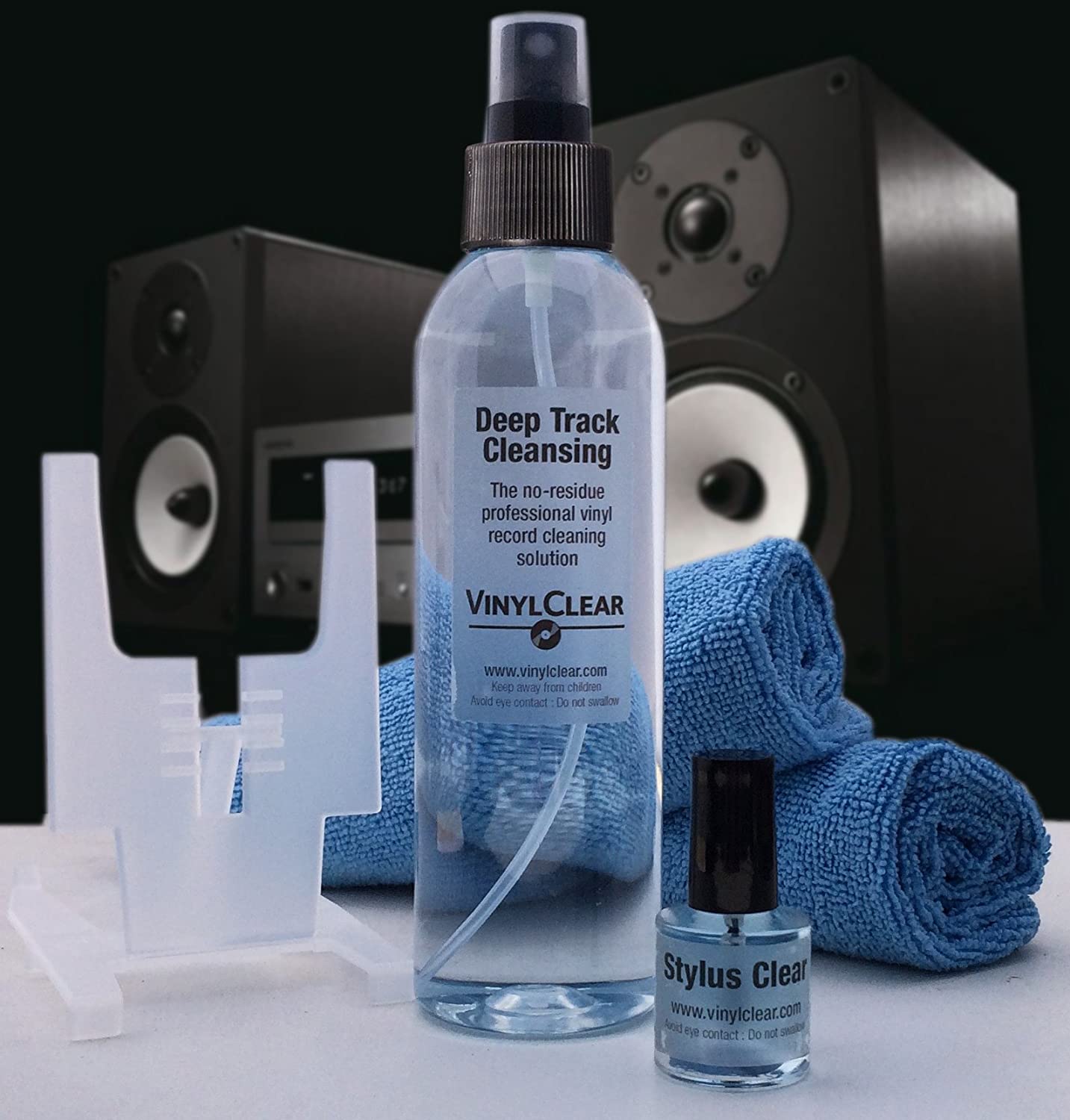 vinyl lp record cleaner kit. 250ml premium quality record cleaning fluid with atomiser bottle, foldaway stand, two microcloths & 15ml stylus cleaning fluid.